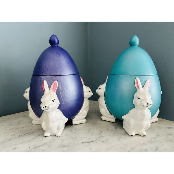(2) 1960s Ceramic Easter Egg Candy Jar Hand Painted Bunnies Rabbits Purple Teal - Picture 3 of 16